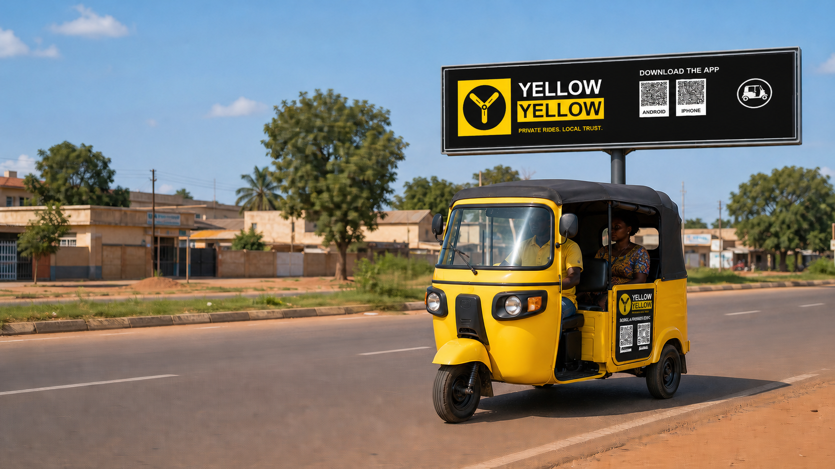 A clean Yellow Yellow tricycle carrying a private passenger past a Yellow Yellow billboard in Tamale